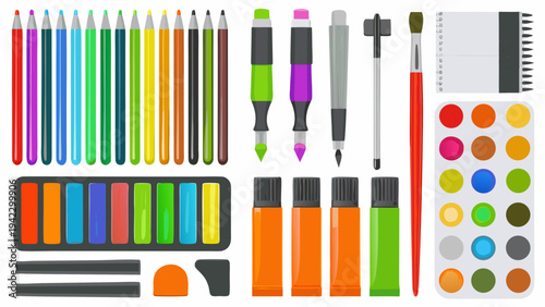 Colorful assortment of stationery including pens pencils and watercolor paints