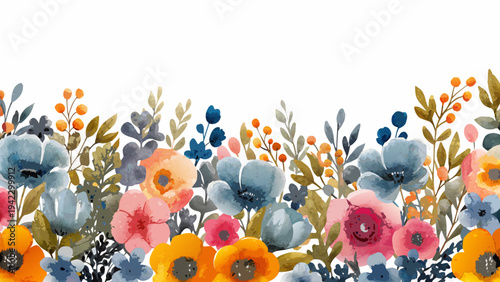 Watercolor floral border featuring colorful blooms and leafy stems