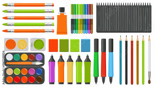Stationery collection including pens pencils paints and a spiral notebook