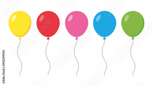A row of colorful balloons floating with attached strings