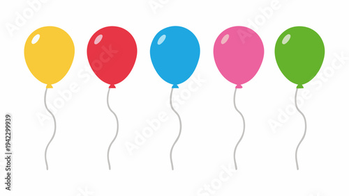 A row of colorful balloons with strings against a white background