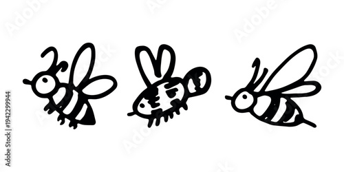 Set of hand drawn happy funny cute honey bee clipart Adorable flying striped insect friendly kawaii bumble bee For kids print, web, design, decor, logo