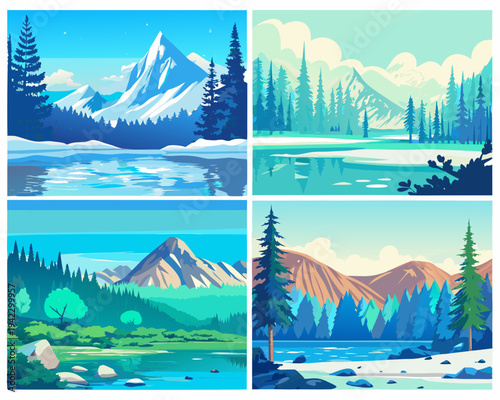 Stylized mountain landscapes with forests and reflective water scenes