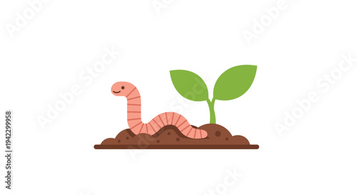 A friendly pink earthworm with a smiling face emerges from a small brown soil mound with two green leaves on a white background.