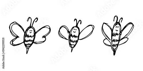 Set of hand drawn happy funny cute honey bee clipart Adorable flying striped insect friendly kawaii bumble bee For kids print, web, design, decor, logo