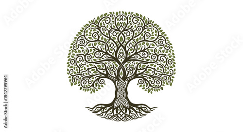 An intricate Celtic tree of life with interwoven brown branches and green leaves forms a dense, circular canopy on a white background.