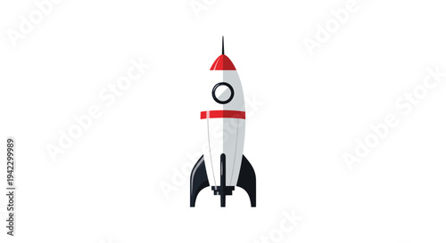 A stylized white rocket with red stripes and black fins stands vertically, featuring a pointed nose cone and a small circular window, on a pristine white background.