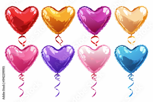A collection of colorful heart shaped balloons suspended on white background