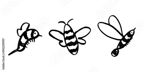 Set of hand drawn happy funny cute honey bee clipart Adorable flying striped insect friendly kawaii bumble bee For kids print, web, design, decor, logo