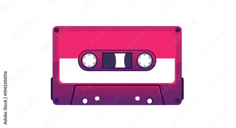 Fototapeta premium A pink and purple gradient cassette tape with a white label and visible spools is centered on a clean white background.