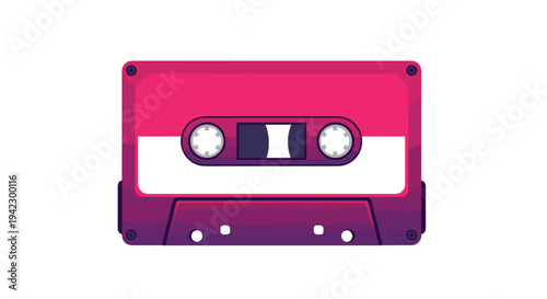 A pink and purple gradient cassette tape with a white label and visible spools is centered on a clean white background.