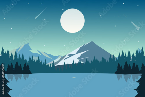 Serene nighttime landscape featuring a full moon and silhouetted mountains