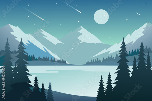 Serene nighttime landscape featuring mountains a lake and shooting stars