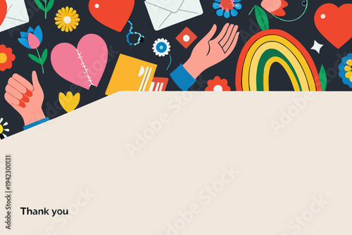 A vibrant illustration featuring hands hearts flowers and a rainbow