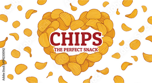 Heart shape made of potato chips with text chips the perfect snack on white