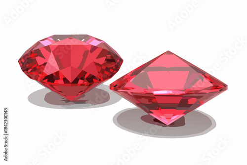 Two faceted red gemstones displayed on a white reflective surface