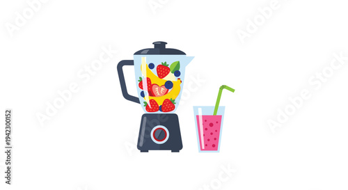 A black blender filled with fresh fruits is positioned next to a glass of pink smoothie with a green straw on a clean white surface.