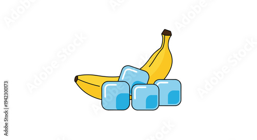 A ripe yellow banana is placed alongside four translucent blue ice cubes on a pristine white surface under gentle, even lighting.