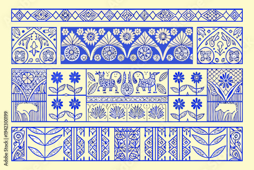 Intricate blue and white decorative tile patterns arranged in horizontal bands