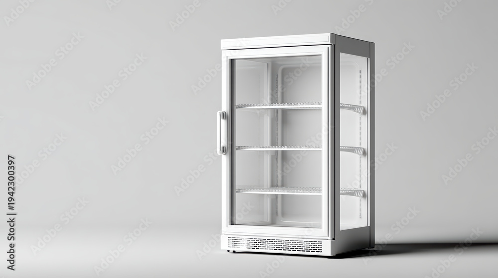 Obraz premium Promotional portable mini glass door refrigerator mockup standing empty invitingly in bright studio lighting highlighting clean modern design