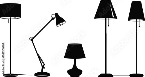Black Silhouette Collection of Modern Floor Lamps and Adjustable Desk Lights Isolated on White Background for Interior Design Vector Illustration