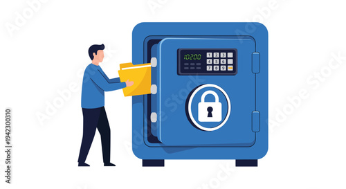 A person in a blue shirt is carefully inserting a yellow folder into the open door of a large blue safe equipped with a digital keypad.