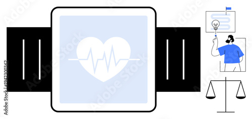 Healthcare, innovation, wearable technology, medical monitoring, telemedicine, smart devices, professional services. Heartbeat symbol on a smartwatch with scales and person with an idea. Healthcare