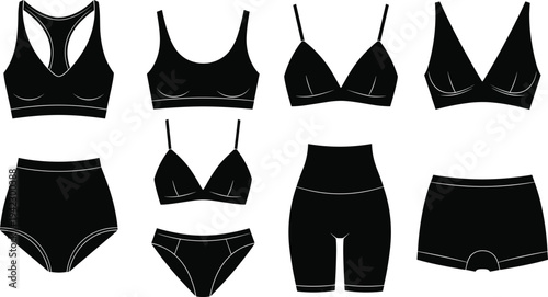 Collection of Women Underwear Silhouette Icons Including Sports Bra Panties Bralette and High Waisted Lingerie Set for Fashion Design Flat Sketches