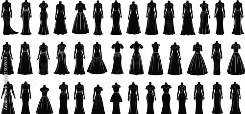Large collection of elegant female evening gown silhouettes featuring various fashion styles necklines and formal dress outlines for gala and weddings