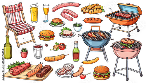 A colorful illustration of a backyard barbecue with various grilled foods and drinks on transparent background