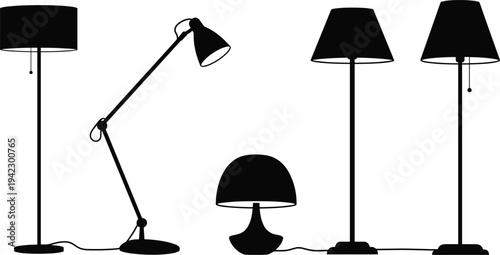 Set of Modern Floor and Desk Lamp Silhouettes Isolated on White Background Minimalist Interior Light Fixtures Collection for Graphic Design (20 words)