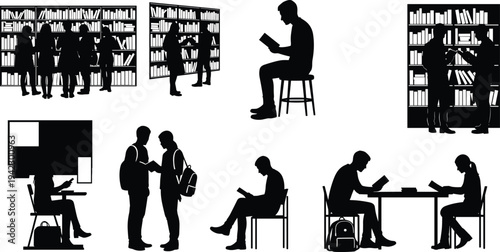 Silhouettes of students and people reading books studying and browsing bookshelves in a library or bookstore for education and learning concept