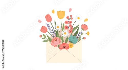 Open Envelope with Blooming Spring Flowers Romantic Floral Letter Vector