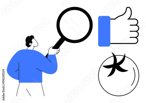 Exploration concept. Exploration ed by a magnifying glass, thumbs-up symbol, and abstract star shape. Exploration enhances understanding and decision-making. For marketing, analysis, education