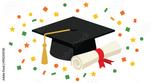 Graduation cap with diploma scroll and festive confetti vector illustration
