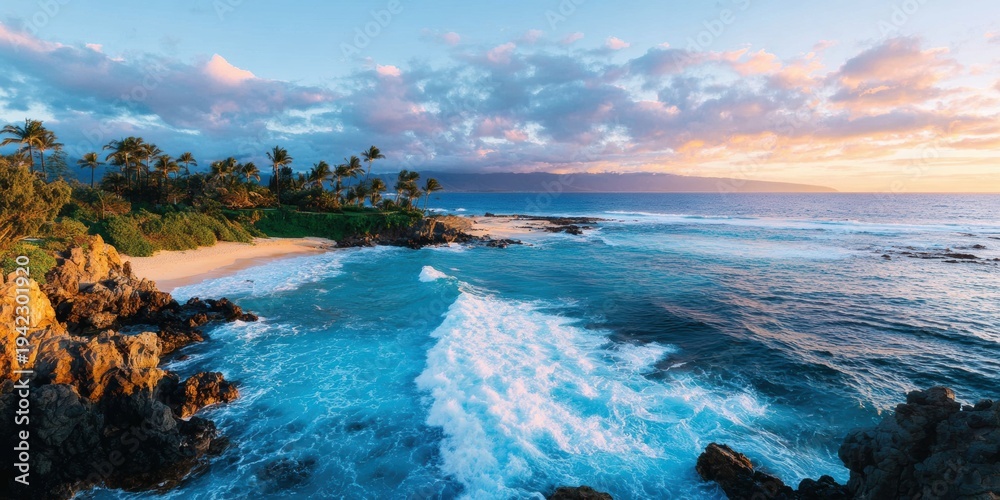 Fototapeta premium Vibrant sunrise on tropical beach with ocean waves crashing against rocks for travel and vacation content, golden hour light over coastal sea landscape background