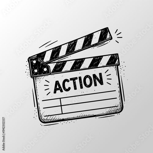 Retro Hand Drawn Movie Clapperboard With Action Text For Film Industry