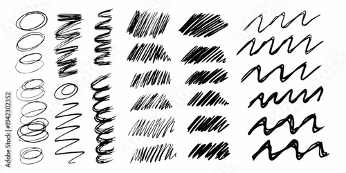 Collection of hand drawn scribble lines and shapes on a white background