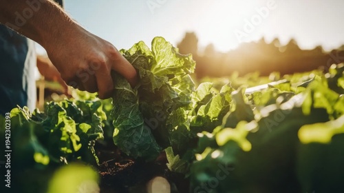 Gardener harvesting fresh lettuce in a sunny vegetable patch