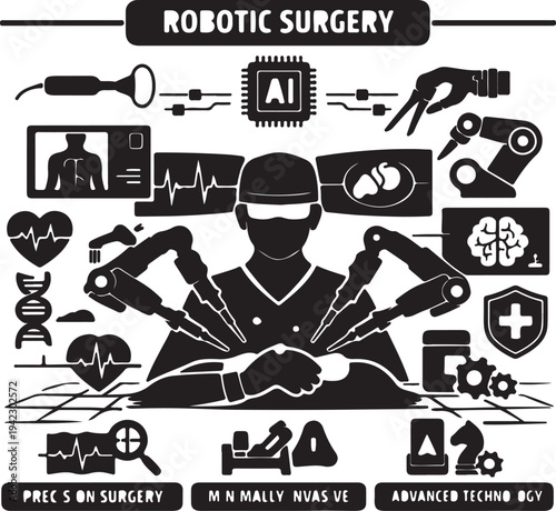 Robotic surgery system silhouette with medical robot arm concept, advanced healthcare technology illustration.