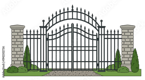 Flat vector illustration of a cemetery gate with simple iron design, outline vector style