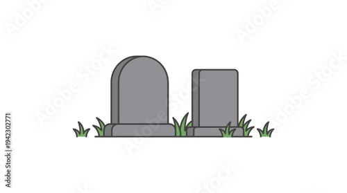 Flat vector illustration of a gravestone with small candle and flowers in front, simple outline vector style, isolated on white background
