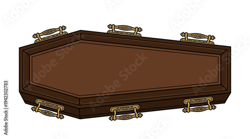 Flat vector illustration of a coffin with decorative handles viewed from top, minimal outline design, isolated on white background, solid colors, no text, no gradient