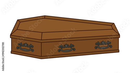 Flat vector illustration of a coffin with decorative handles viewed from top, minimal outline design, isolated on white background, solid colors, no text, no gradient