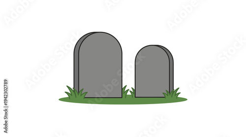 Flat vector illustration of a gravestone with small candle and flowers in front, simple outline vector style, isolated on white background