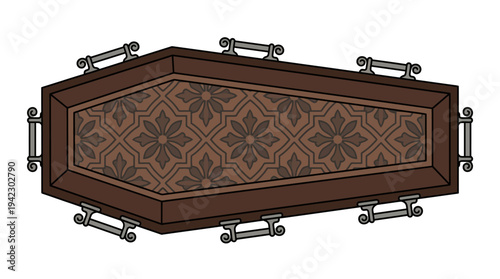 Flat vector illustration of a coffin with decorative handles viewed from top, minimal outline design, isolated on white background, solid colors, no text, no gradient