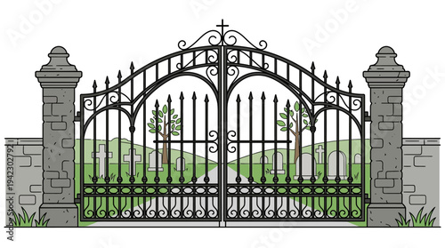 Flat vector illustration of a cemetery gate with simple iron design, outline vector style