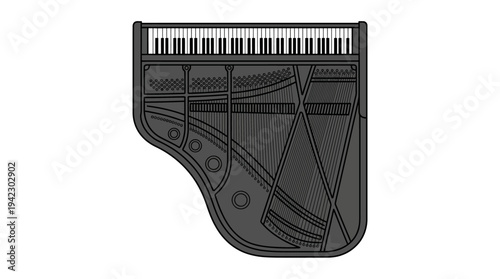 Flat vector illustration of a grand piano viewed from top angle, minimal outline vector style