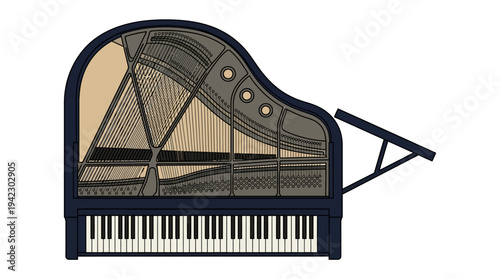 Flat vector illustration of a grand piano viewed from top angle, minimal outline vector style
