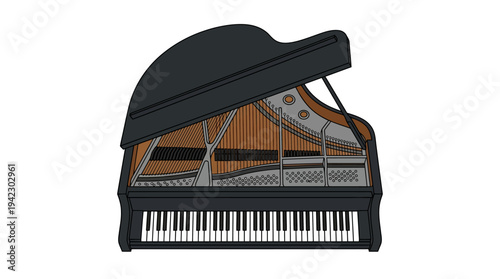 Flat vector illustration of a grand piano viewed from top angle, minimal outline vector style